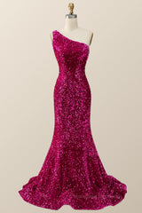 Prom Dresses Open Backs, Fuchsia Sequin One Shoulder Mermaid Long Formal Dress