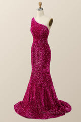 Prom Dress Green, Fuchsia Sequin One Shoulder Mermaid Long Formal Dress