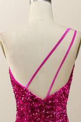 Prom Dress Silk, Fuchsia Sequin One Shoulder Mermaid Long Formal Dress