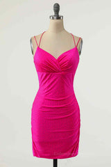 Prom Dress 2054, Fuchsia Sheath Double Straps Crossed Back Beaded Mini Homecoming Dress