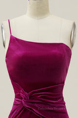 Prom Dresses Off Shoulder, Fuchsia Velvet One Shoulder Mermaid Long Formal Dress