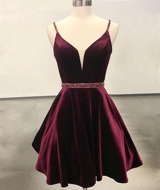 Prom Dresses Cheap, Simple V Neck Velvet Short Burgundy Prom Dress