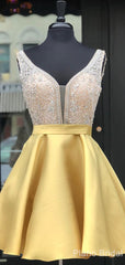 Prom Dresses Elegant, V Neck Beaded Satin Homecoming Dress With Pocket