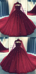 Prom Dressed Short, Glam Ball Gown Quinceanera Dress Lace Applique Beaded Cape, Wine Red Formal Dress Party Gowns