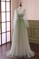 Prom Dress Long Elegent, Gradient Tulle Green Long Sleeves Party Dress, Green Evening Formal Dresses