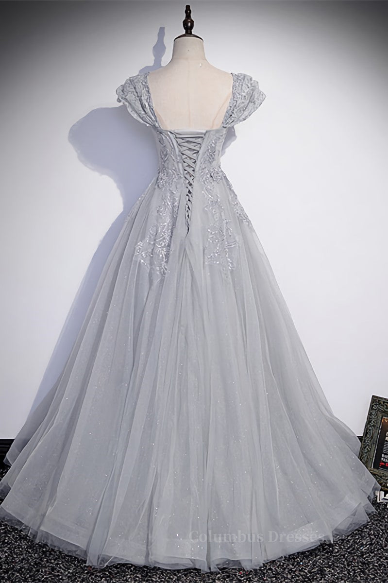 Formal Dresses 2052, Grey Cap Sleeves Silver Sequins-Embroidered Long Formal Dress