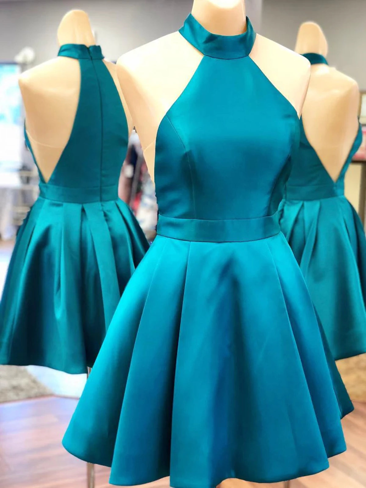 Winter Formal, Halter Neck Blue Satin Short Prom Dresses, Halter Neck Short Graduation Homecoming Dresses