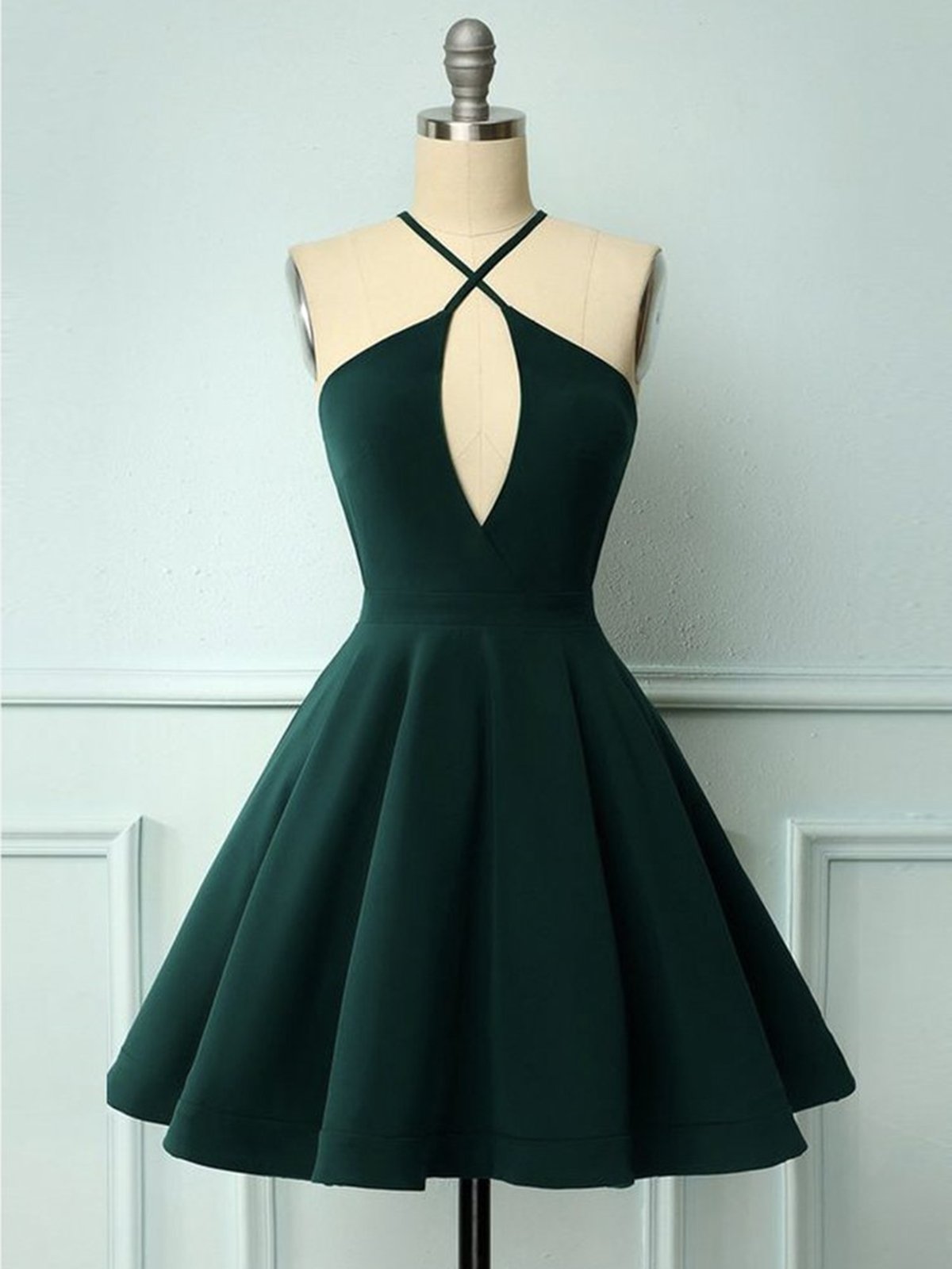 Prom Dressed A Line, Halter Neck Short Dark Green Prom Dresses, Short Dark Green Formal Graduation Homecoming Dresses