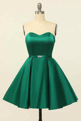 Bridesmaids Dress Purple, Hunter Green A-line Strapless Satin Mini Homecoming Dress with Beaded Sash