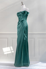 Bridesmaid Dresses Designs, Hunter Green Off-the-Shoulder Satin Mermaid Long Prom Dress with Slit