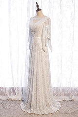 Evening Dresses Store, Ivory Mermaid Sequins Cut-Out Flaunt Sleeves Long Formal Dress