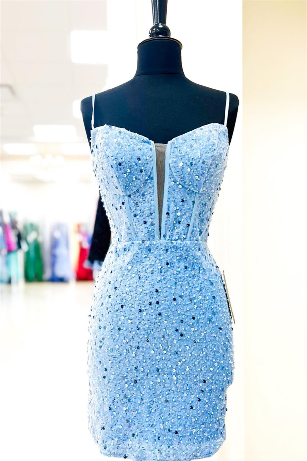 Wedding Dress For Big Bust, Light Blue Straps Sheath Beaded Sequined Cocktail Dresses Wedding