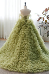 Bridesmaid Dresses Spring, Light Green Strapless Boning Ruffle-Layers Formal Dress with Feathers