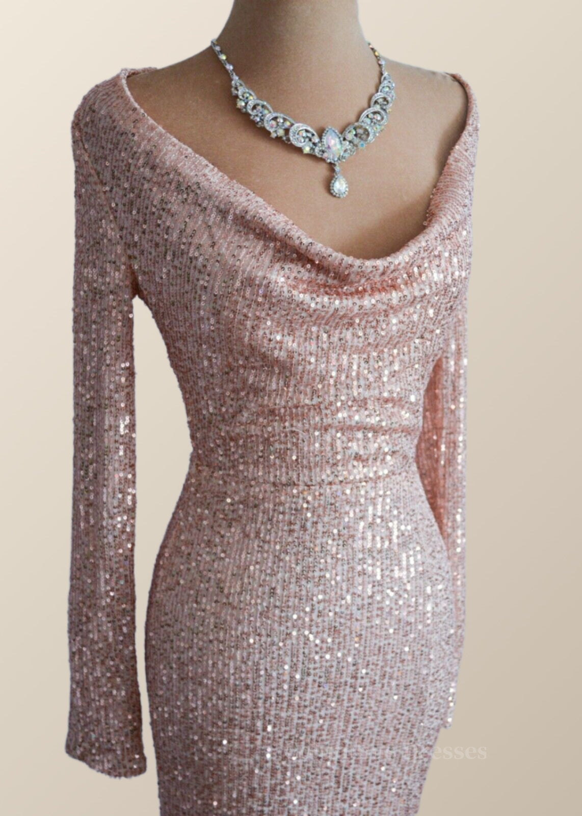 Party Dress Prom, Long Sleeves Champagne Sequin Cowl Neck Dress