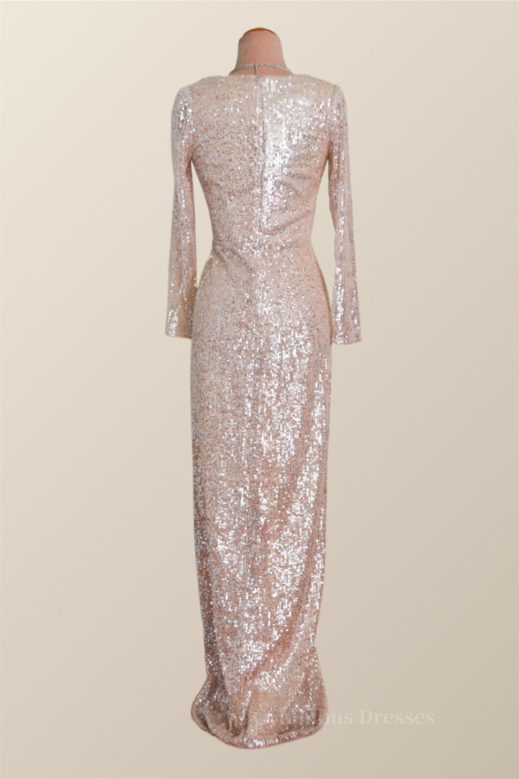 Party Dress Australian, Long Sleeves Champagne Sequin Wrap Midi Dress