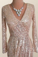 Party Dress Australia, Long Sleeves Champagne Sequin Wrap Midi Dress