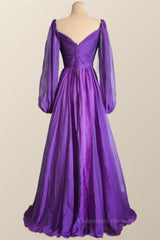 Cocktail Party Outfit, Long Sleeves Purple A-line Long Formal Dress