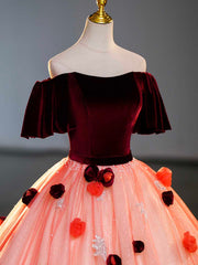 Party Dress Shops Near Me, Burgundy Velvet Tulle Long Formal Dress, Off the Shoulder Sweet Flower Party Dress