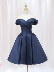 Party Fitness, Blue V-neckline Satin Off Shoulder Party Dress, A-Line Blue Short Evening Prom Dress