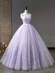 Prom Dress Sweetheart, Light Purple Tulle Straps Long Prom Dress, Purple A-Line Princess Dress