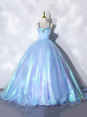 Prom Dress Long Elegent, Beautiful  Shiny Blue Tulle Long Formal Dress, A-Line Spaghetti Strap Sweetheart Princess Dress