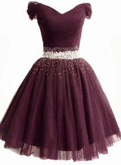 Homecoming Dress 2021, Maroon Off Shoulder Beaded Tulle Short Prom Dress Homecoming Dress, Cute Prom Dresses