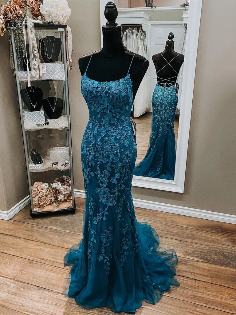 Sage Green Bridesmaid Dress, Mermaid Backless Dark Teal Lace Long Prom Dresses