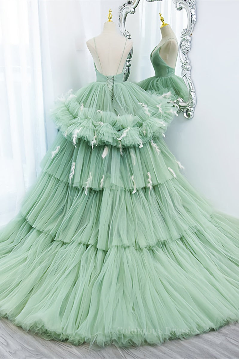 Bridesmaid Dresses Beach, Mint Green Deep V Neck Pleated Straps Ruffle-Layers Maxi Formal Dress