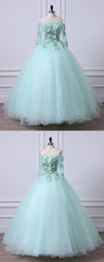 Bridesmaid Dress Color Scheme, Mint Green Tulle Off Shoulder Long Sleeve Lace Applique Sweet 16 Prom Dress, Formal Dress