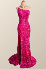 Bridesmaids Dresses For Beach Wedding, One Shoulder Fuchsia Sequin Mermaid Long Party Dress