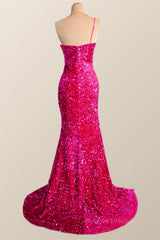 Bridesmaids Dress Styles Long, One Shoulder Fuchsia Sequin Mermaid Long Party Dress