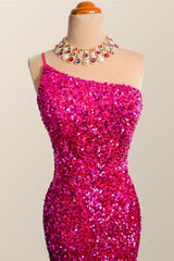 Bridesmaid Dress Styles Long, One Shoulder Fuchsia Sequin Mermaid Long Party Dress