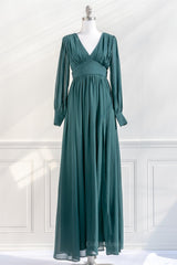 Summer Wedding, Pine Deep V Neck Long Sleeves Empire Chiffon Long Prom Dress