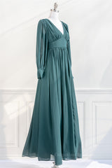 Ball Dress, Pine Deep V Neck Long Sleeves Empire Chiffon Long Prom Dress