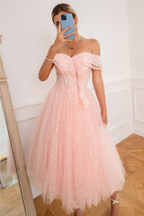 Pink Off Shoulder Hearts Prom Dress