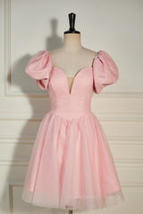 Wedding Photography, Pink Plunging V Neck Dot Lace-Up A-line Homecoming Dress