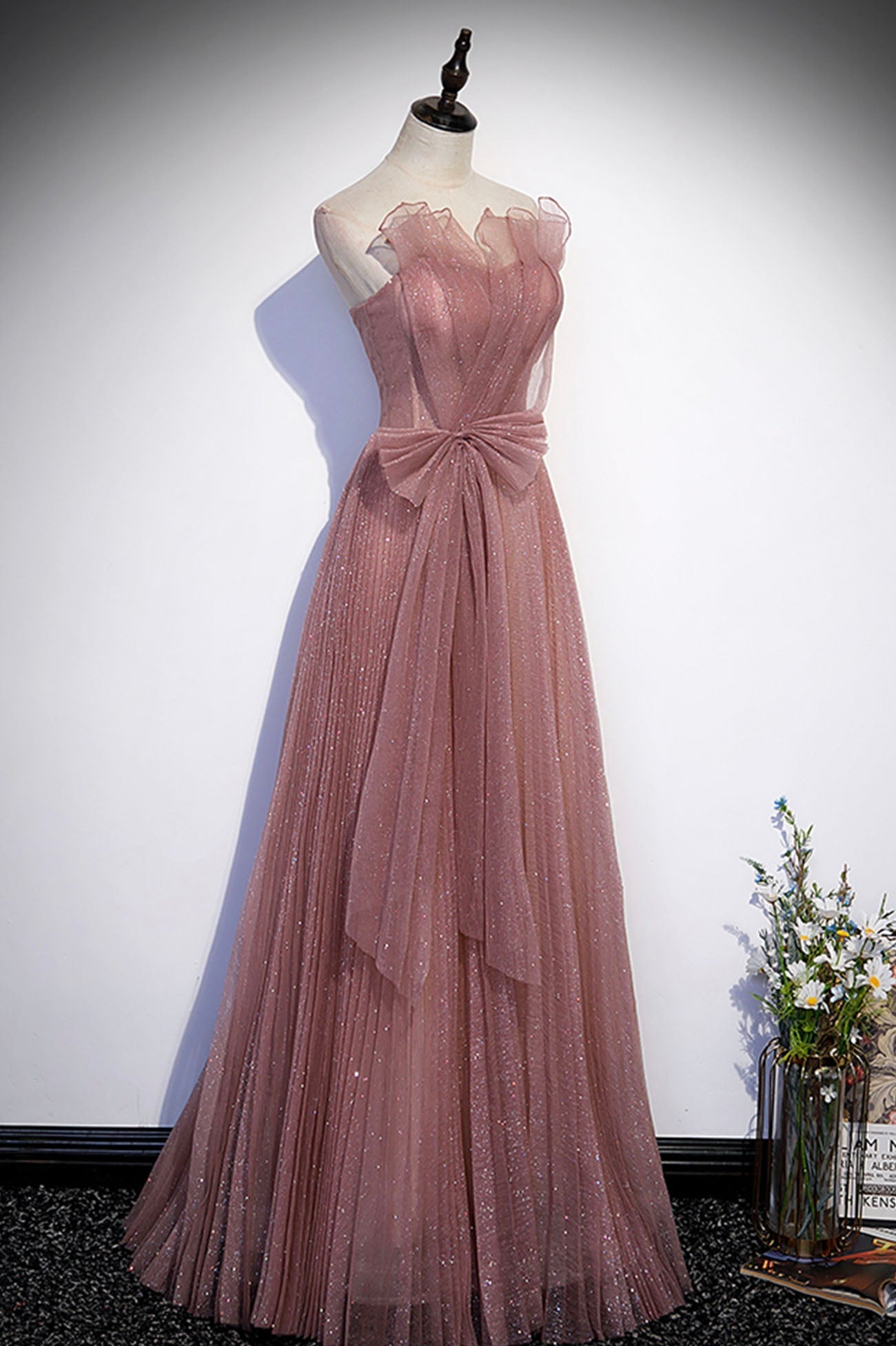 Prom Dress Princesses, Pink Shiny Tulle Long A-Line Prom Dress, Lovely Strapless Evening Dress