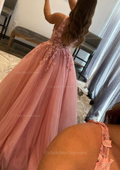 Mafia Dress, Princess A-line V Neck Sleeveless Sweep Train Tulle Prom Dress With Appliqued Beading