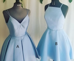 Party Dress Shops Near Me, A Line V Neck Light Sky Blue Short Homecoming Dress With Pleats