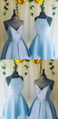 Party Dress Shop Near Me, A Line V Neck Light Sky Blue Short Homecoming Dress With Pleats