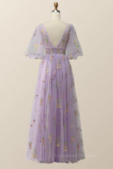 Homecomming Dresses Lace, Puffy Sleeves Lavender Tulle Floral Embroidery Formal Dress