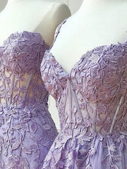 Prom Dress 2027, Purple Sweetheart Neck Lace Long Prom Dresses, Purple Lace Graduation Dress