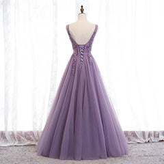 Homecoming Dresses Beautiful, Purple V-neckline Tulle with Lace Floor Length Party Dress Evening Dress,Purple Prom Dress