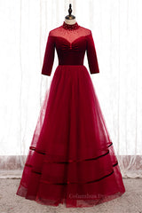 Prom Dresses 2053, Red Beaded Illusion High Neck Sleeves Pleated Maxi Formal Dress with Buttons