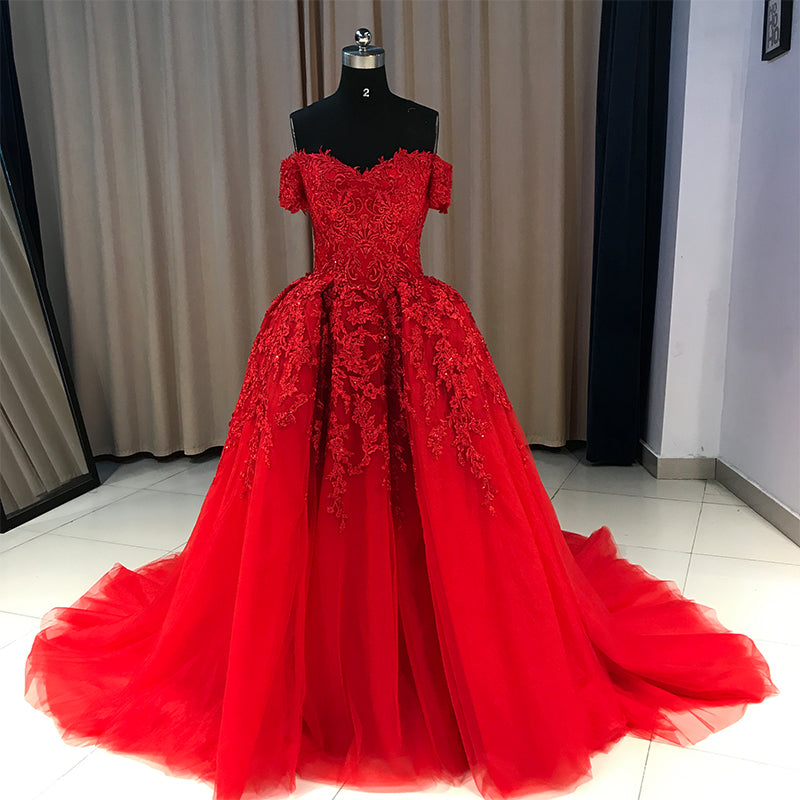 Prom Dresses Emerald Green, Red Gorgeous Sweetheart Off Shoulder Lace Applique Ball Gown Prom Dress, Red Evening Dress Party Dress