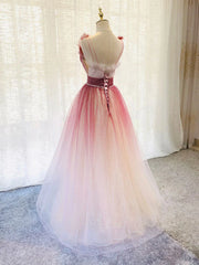 White Prom Dress, Red Gradient Tulle Beaded Long Party Dress Formal Dress, V-neckline Party Dresses