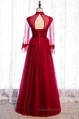 Evening Dresses For Over 80S, Red Illusion High Neck Long Sleeves Appliques Maxi Formal Dress