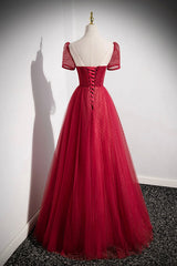 Party Dresses Night, Red Scoop Neckline Tulle Formal Dress with Beaded, A-Line Short Sleeve Party Dress