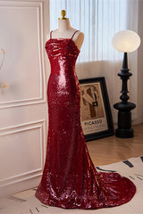 Party Dress Sale, Red Sequins Mermaid Straps Lace-Up Long Prom Dress