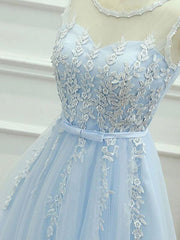 Party Dress Near Me, Round Neck Short Blue Lace Prom Dresses, Short Light Blue Lace Formal Graduation Dresses